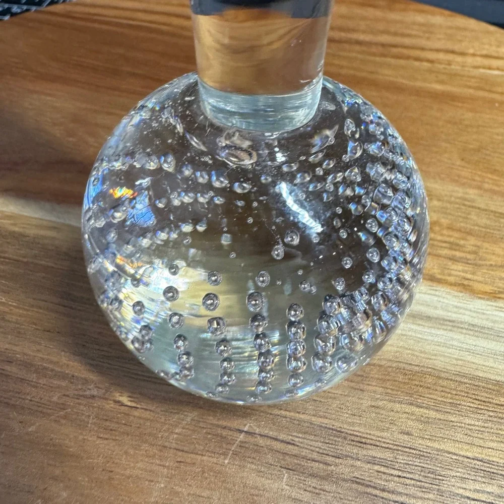 Vintage Controlled Bubble Art Glass Bud Vase Clear Bullicante Ball Base 8 Inch